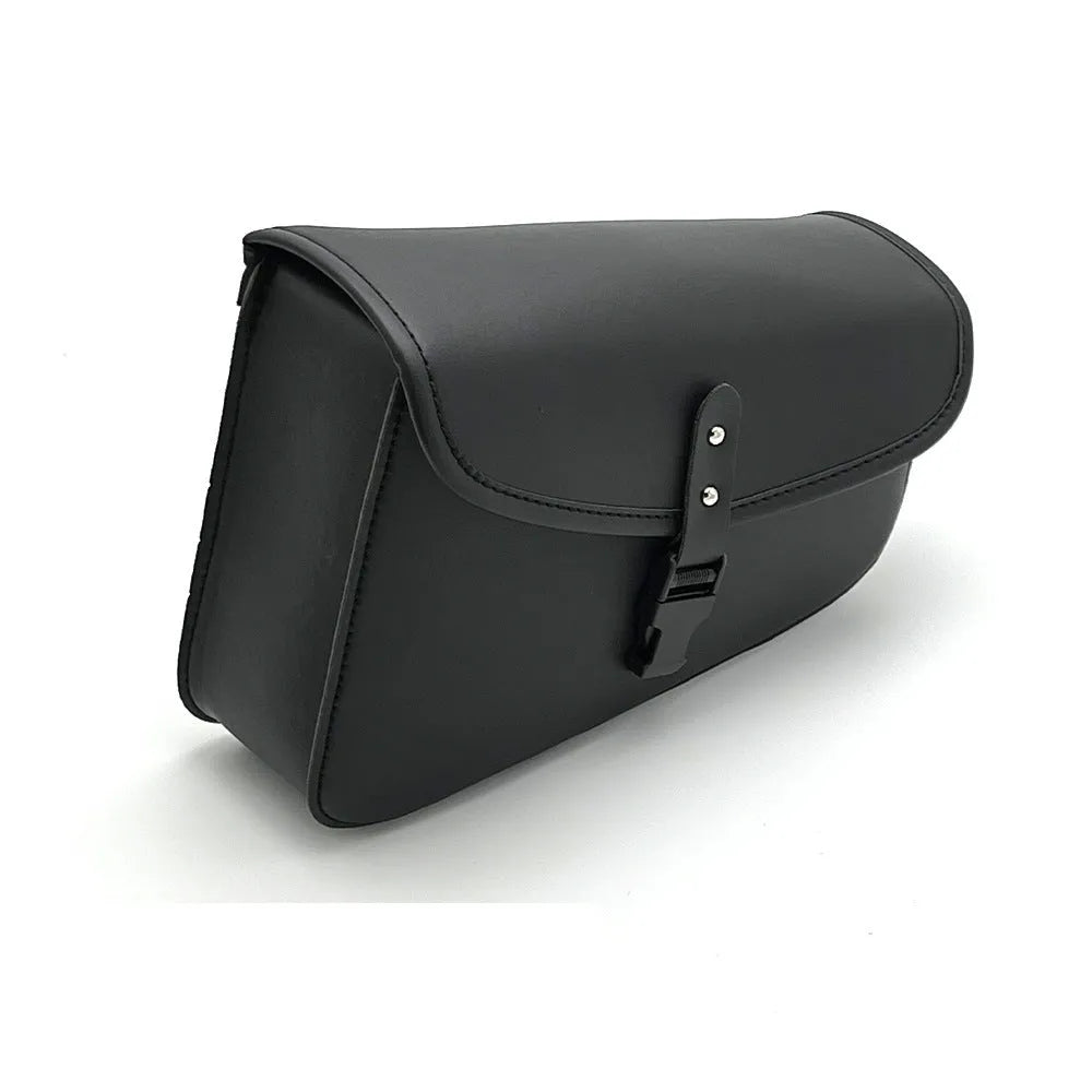 Black PU leather motorcycle swingarm side saddlebag mounted on a Harley-Davidson Sportster.