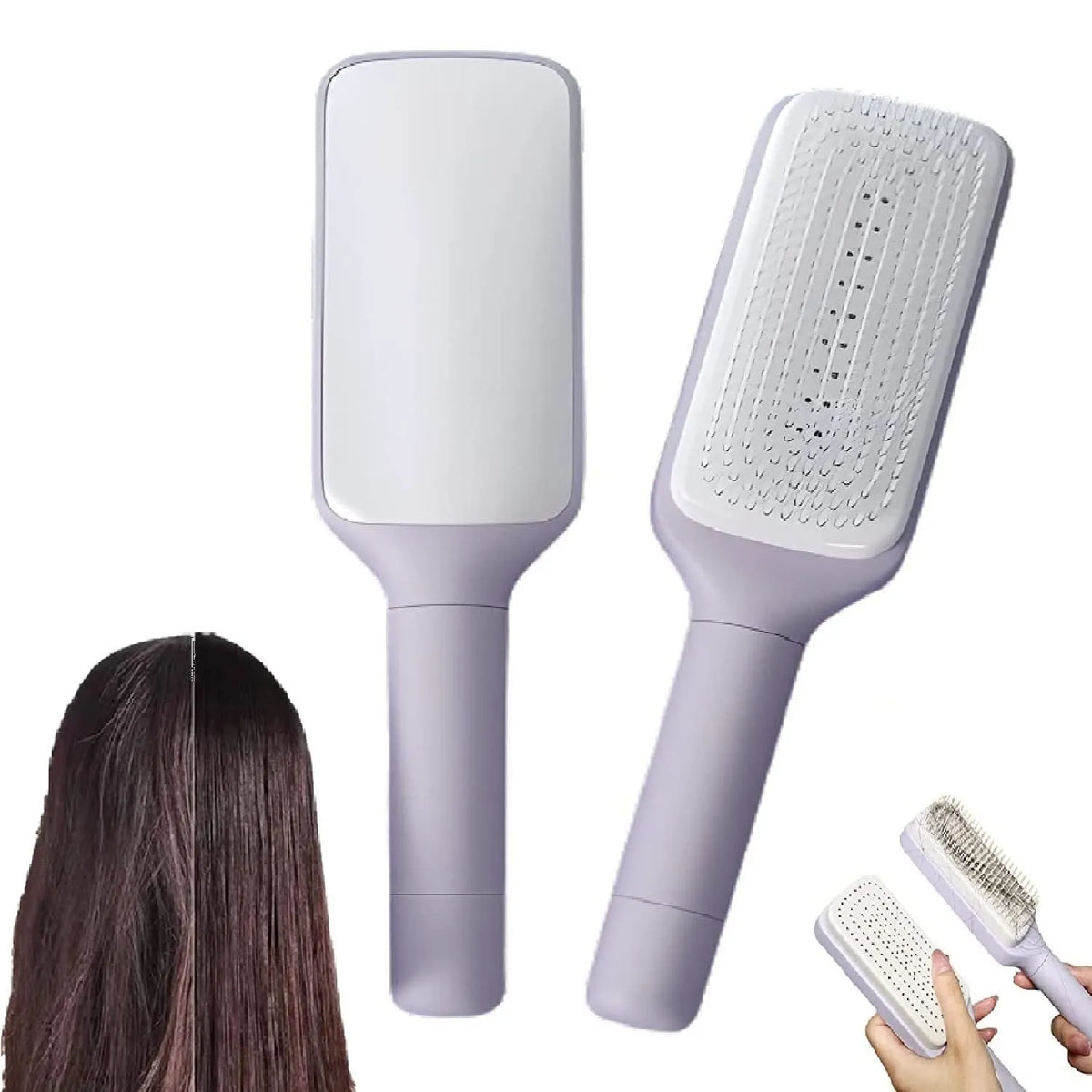 Self-cleaning hairbrush with rotating handle in Roland purple colour showing anti-static teeth and massage comb function