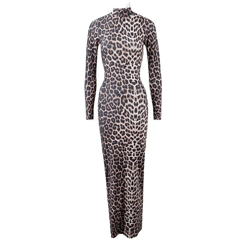 Women's leopard print long sleeve dress with stand collar and high waist hip skirt