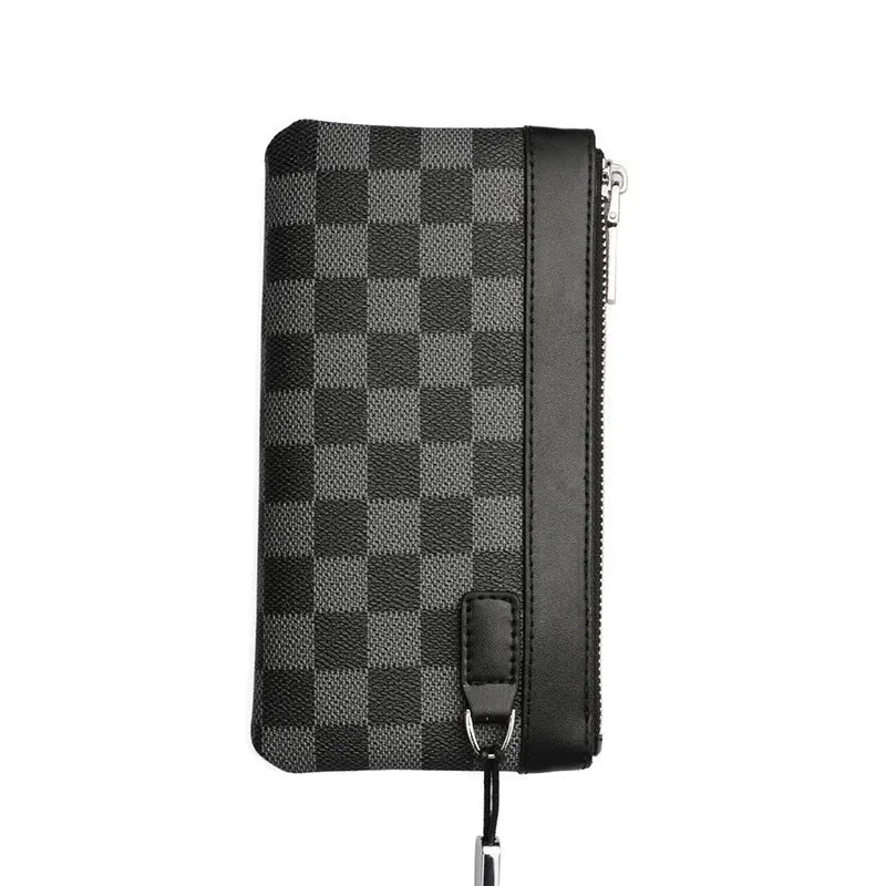 Black leather plaid men's wallet showing cowhide texture and compact 20cm size