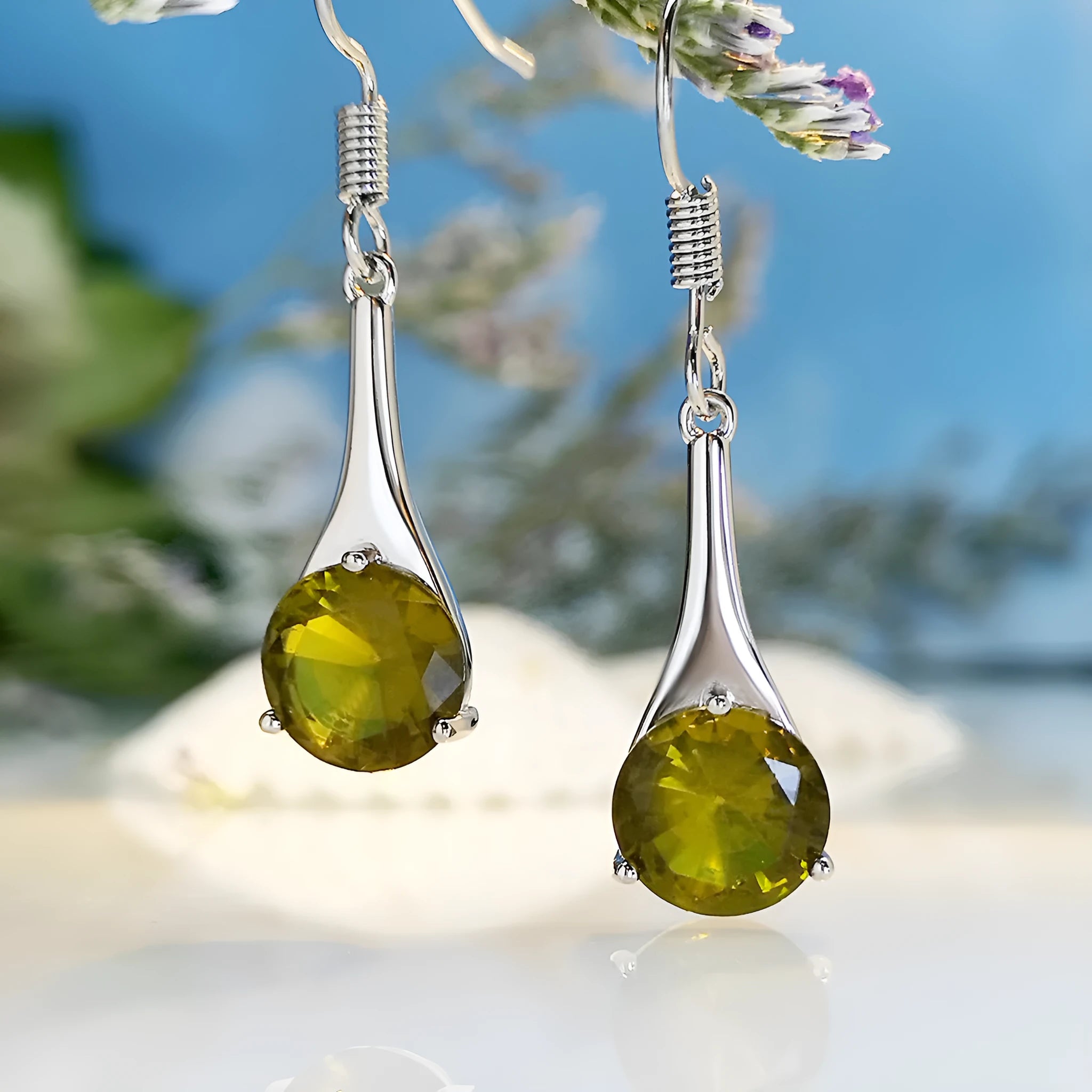 Olive green topaz drop earrings with water shape design and retro style on alloy background