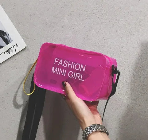 Transparent square jelly shoulder bag with adjustable strap in various colours on a white background.