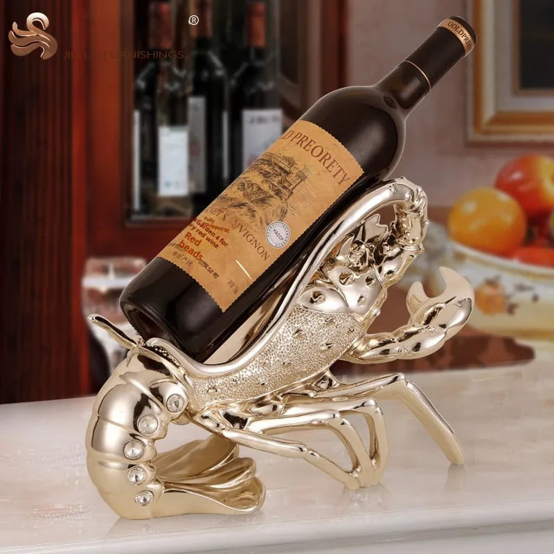 Lobster-shaped wine rack ornament in rose gold or silver, holding a wine bottle.