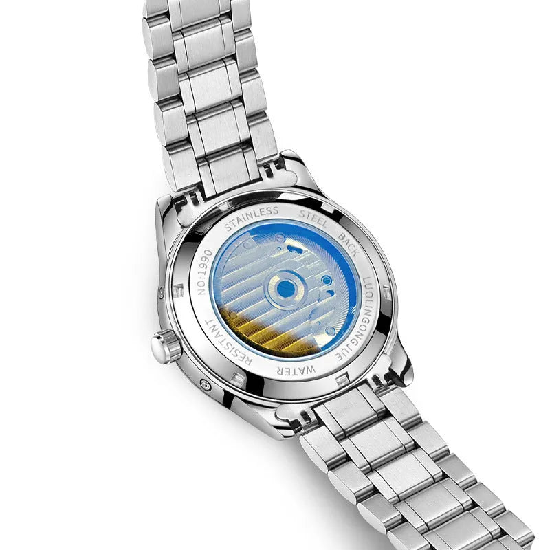 Men's stainless steel mechanical watch with sapphire crystal and leather strap on wrist