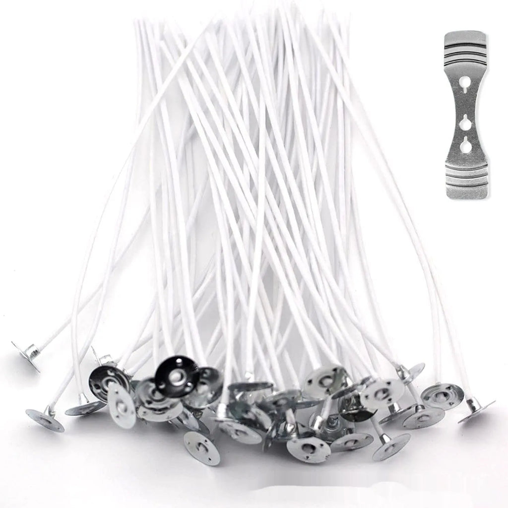 White cotton candle wicks showing three different lengths: 2.6cm, 6cm and 8cm for DIY candle making