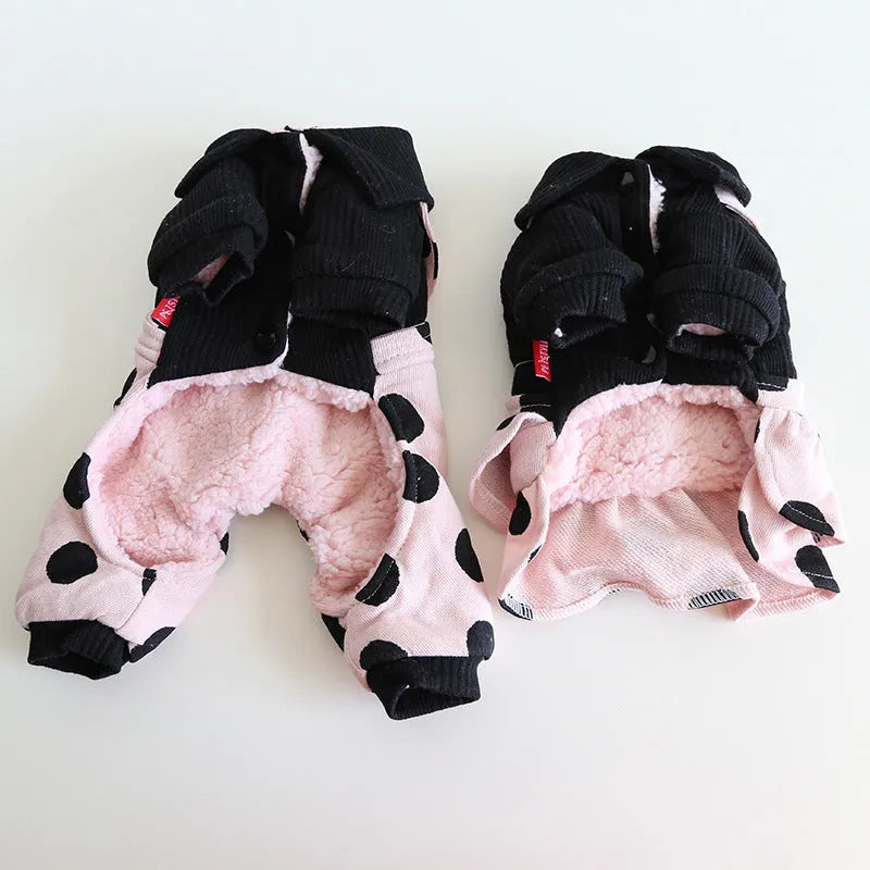 Adjustable shoulder strap dog clothing in cloth fabric with pant and skirt style options
