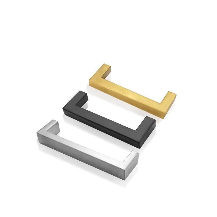 Stainless steel square pipe door handle for cabinets in brushed silver, black, or gold finish.