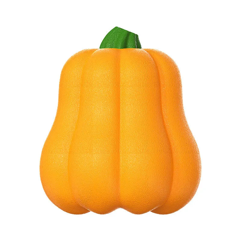 Orange pumpkin-shaped plastic dog chew toy with rope attachment for tug-of-war and fetch games