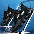 Men's mesh running shoes with composite sole, flat heel and shallow mouth opening, in black or grey, sizes 39-46