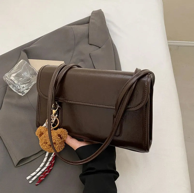 Women's Maillard style PU shoulder bag in brown with horizontal square shape and double strap