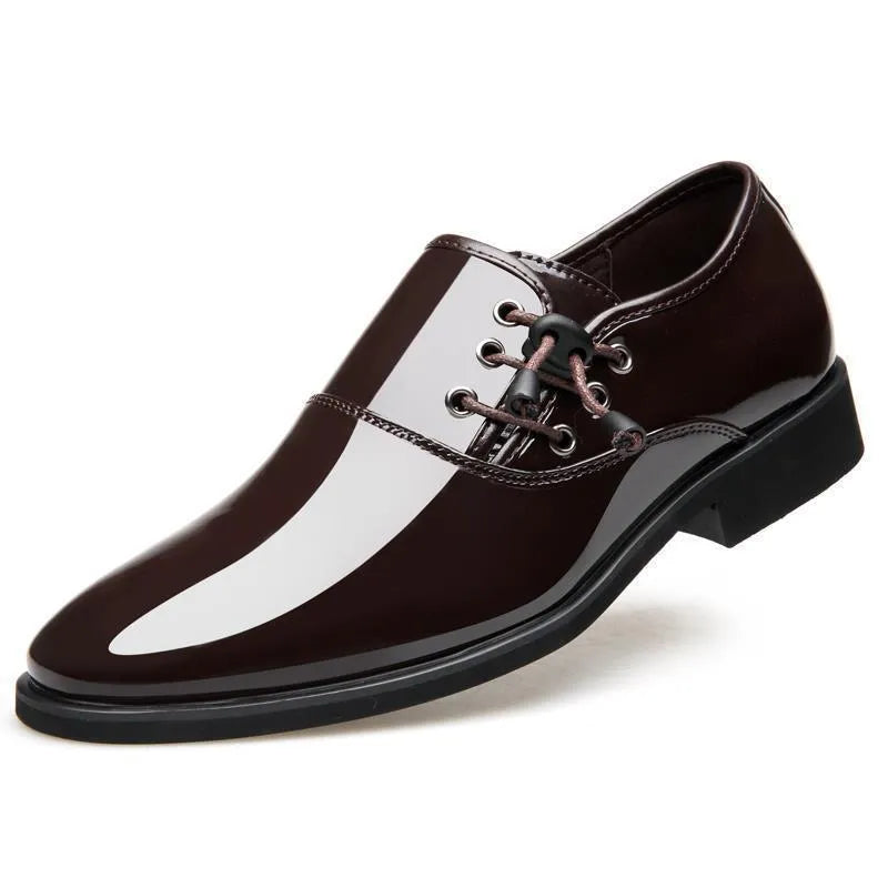 Men's black and brown formal business shoes with square heel and round toe.