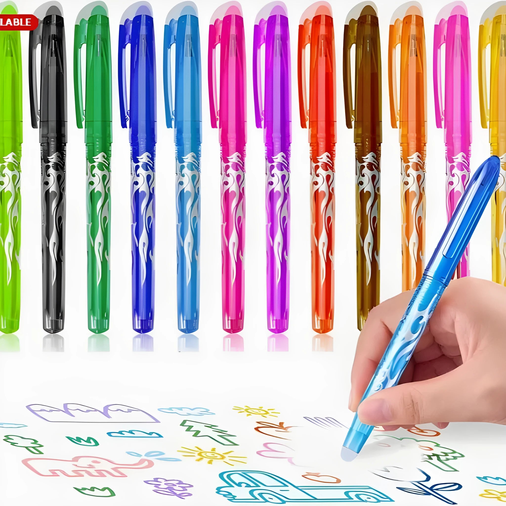 A set of heat-erasable gel pens with plastic barrels and stainless steel nibs, shown in multiple colours.