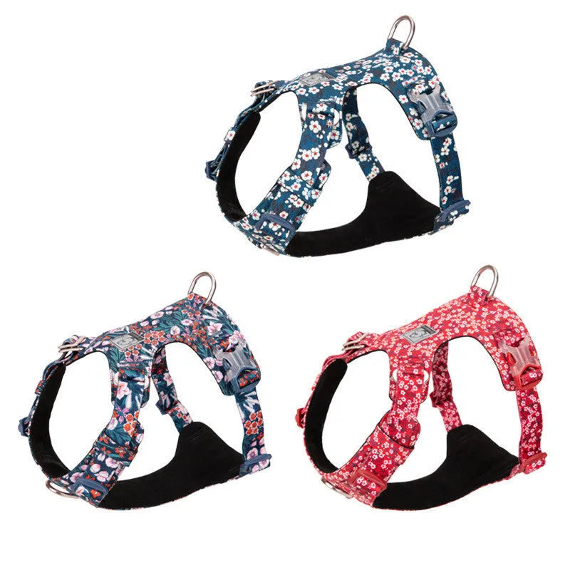 Pure cotton dog harness with floral pattern chest strap in red, blue, or green on various sized dogs