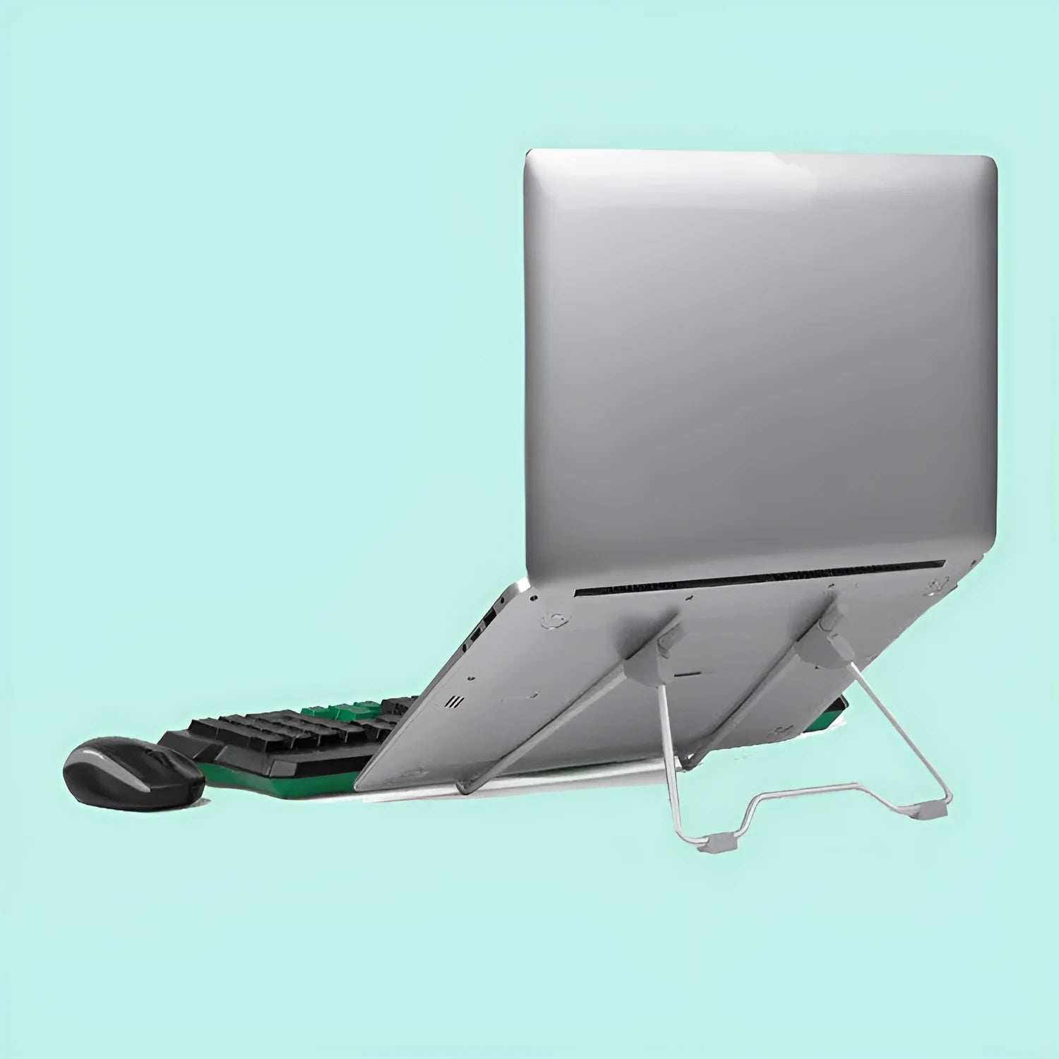 Grey foldable aluminium alloy and plastic laptop and phone stand shown in open and closed positions.