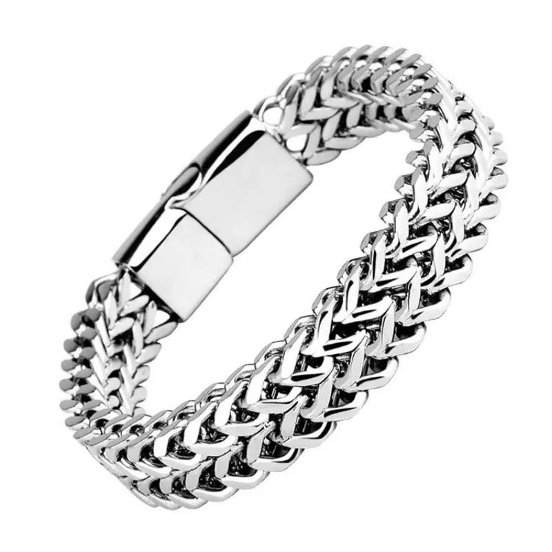 Geometric stainless steel hip hop bracelet showing front and back design with titanium steel construction