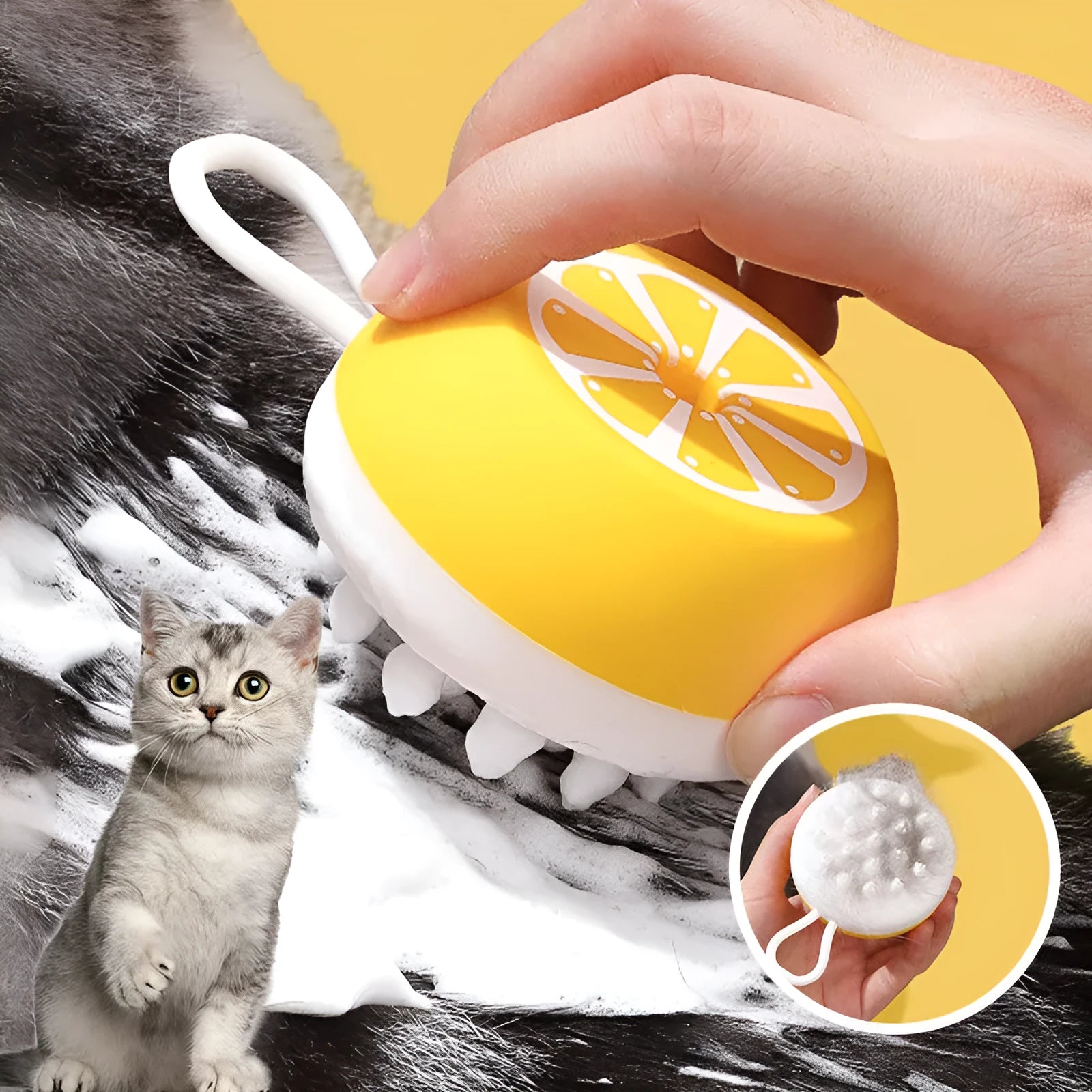 Yellow silicone pet bath brush with massage heads for dog and cat grooming during bath time