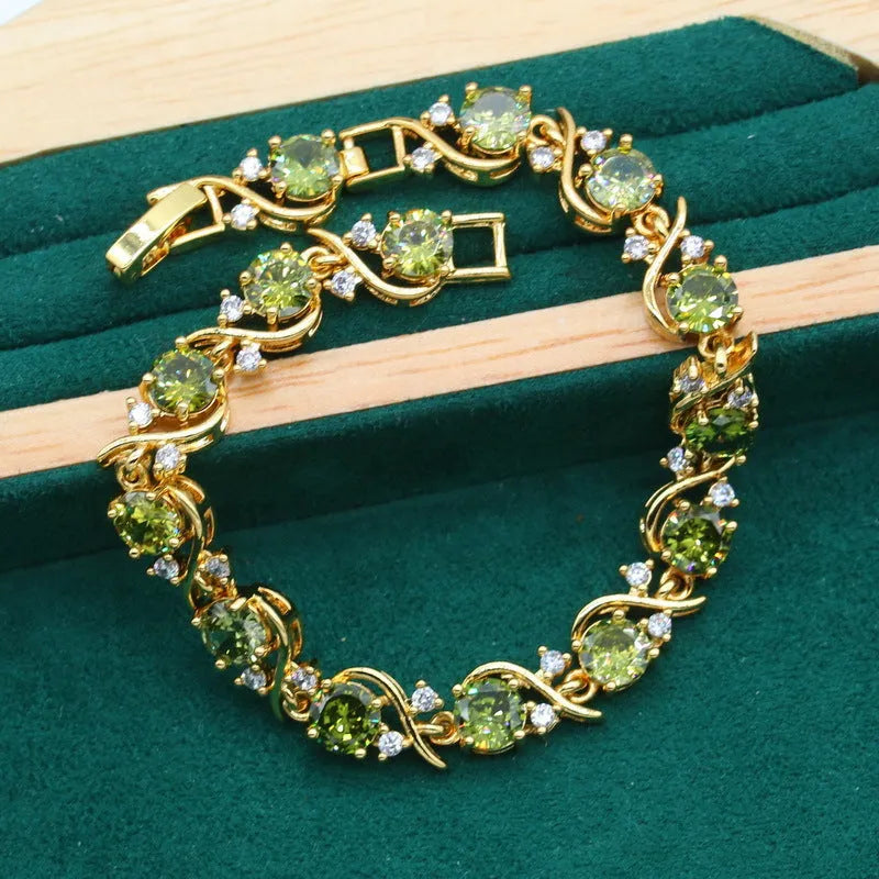 Olive green and red full rhinestone zircon jewellery suit with snake bones chain necklace, earrings, and ring