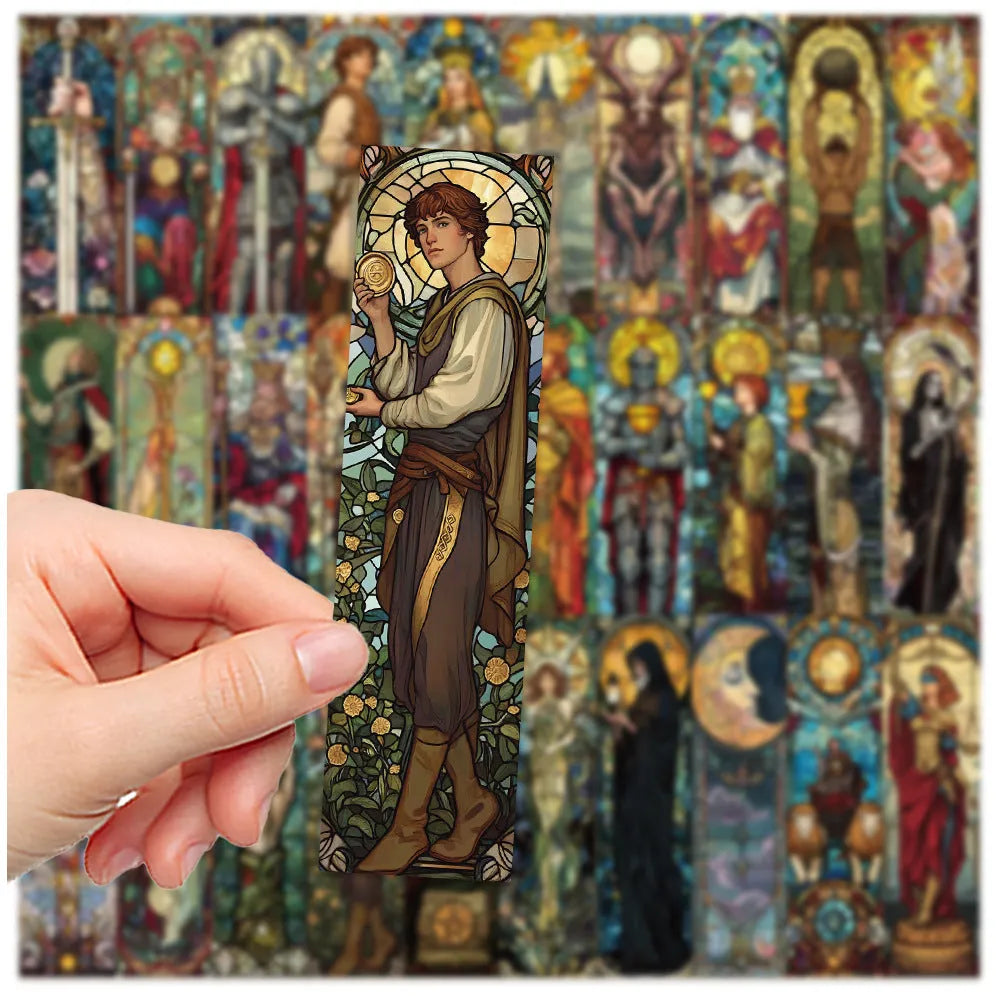 30 painted glass tarot bookmarks with cute style artwork on paper for journaling and reading