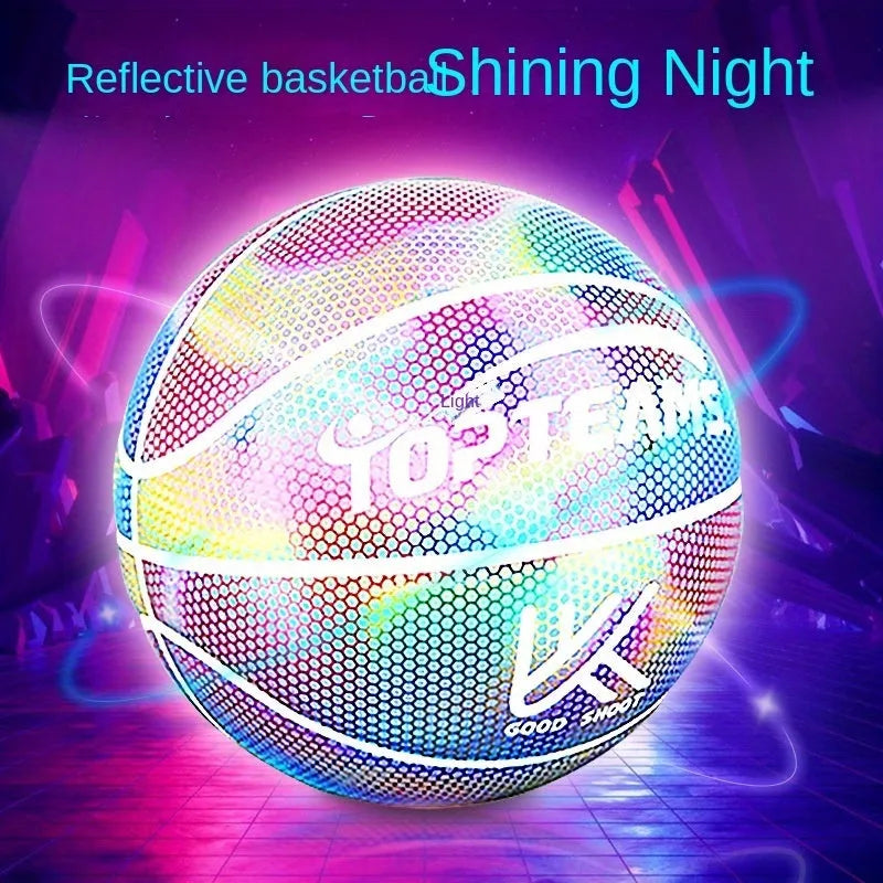 Holographic reflective basketball size 7 with fluorescent finish for night games