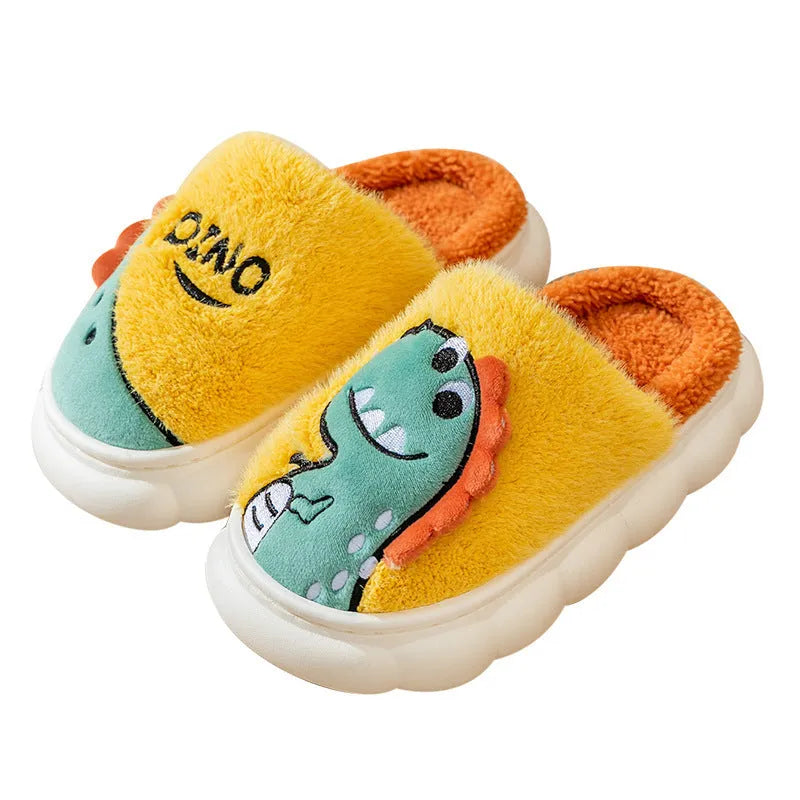 Cotton plush couple slippers in dinosaur colours with thickening construction for indoor warmth