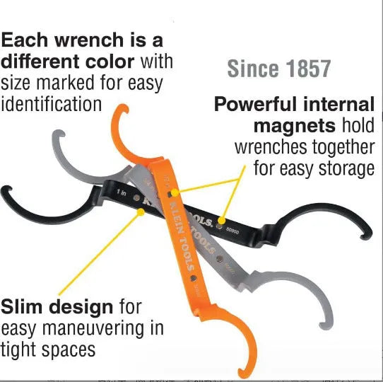 Crescent magnetic suction catheter locking wrench three-piece set showing orange, grey, and black wrenches.