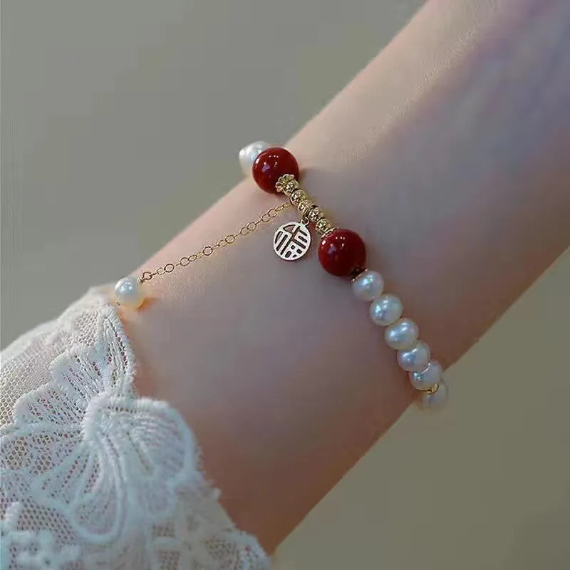 Chinese style handmade glass bead bracelet with bamboo joint elements on a white background.