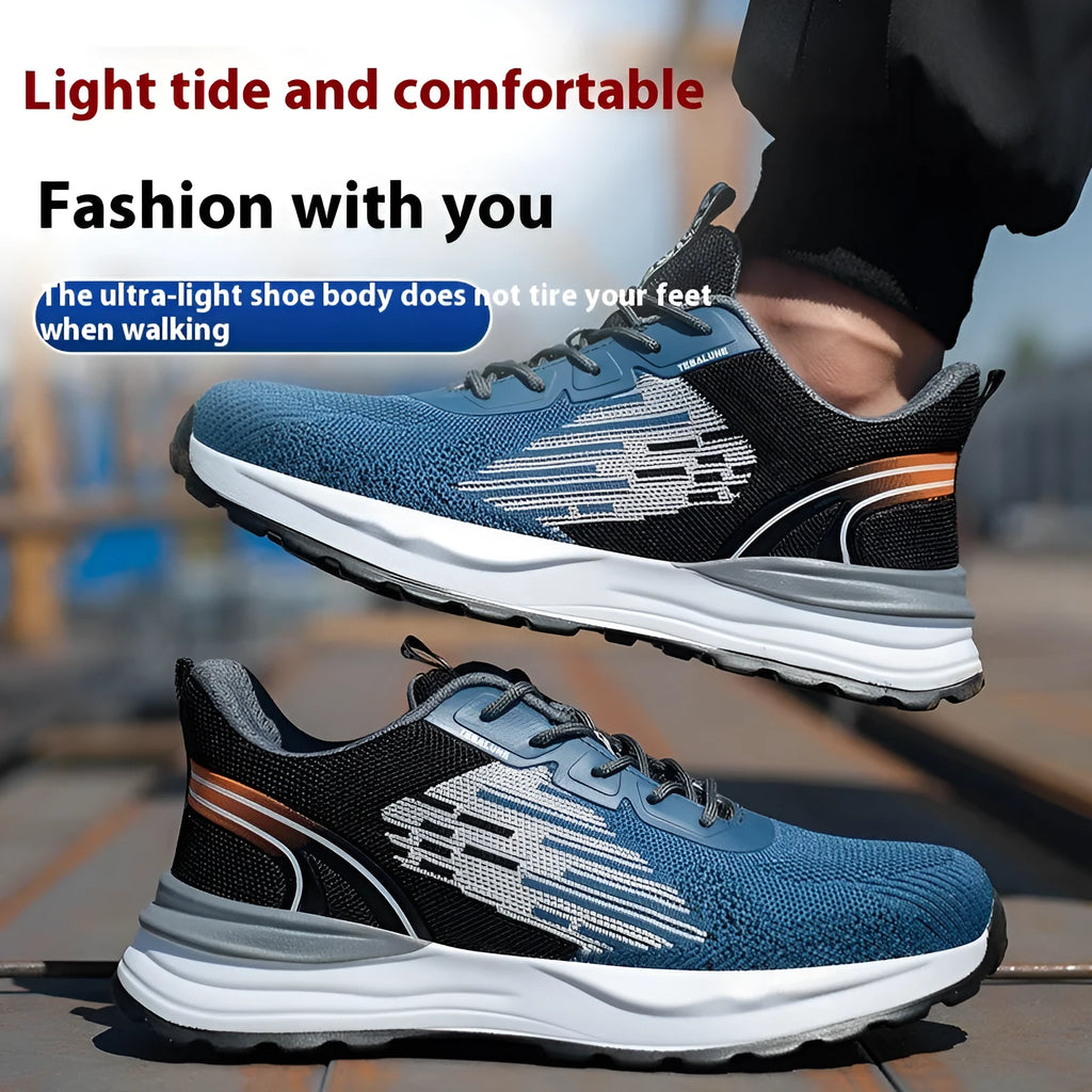 Blue men's lightweight safety work shoes with mesh upper and plastic toe cap
