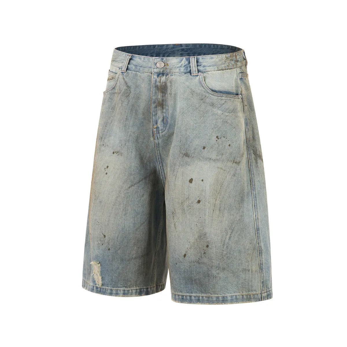 Blue washed denim cropped trousers with straight leg and zip fly, street fashion style