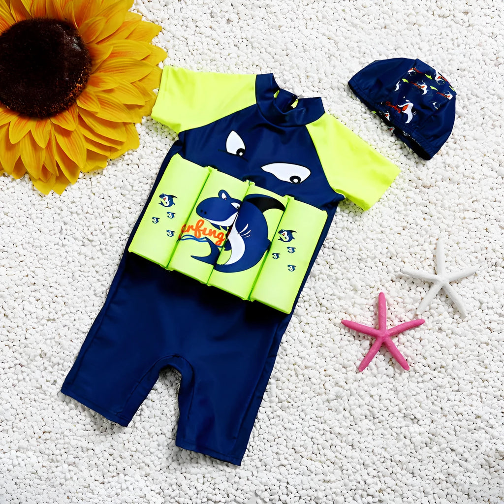Child's blue Shark Boy cartoon print buoyancy swimsuit for pool early education