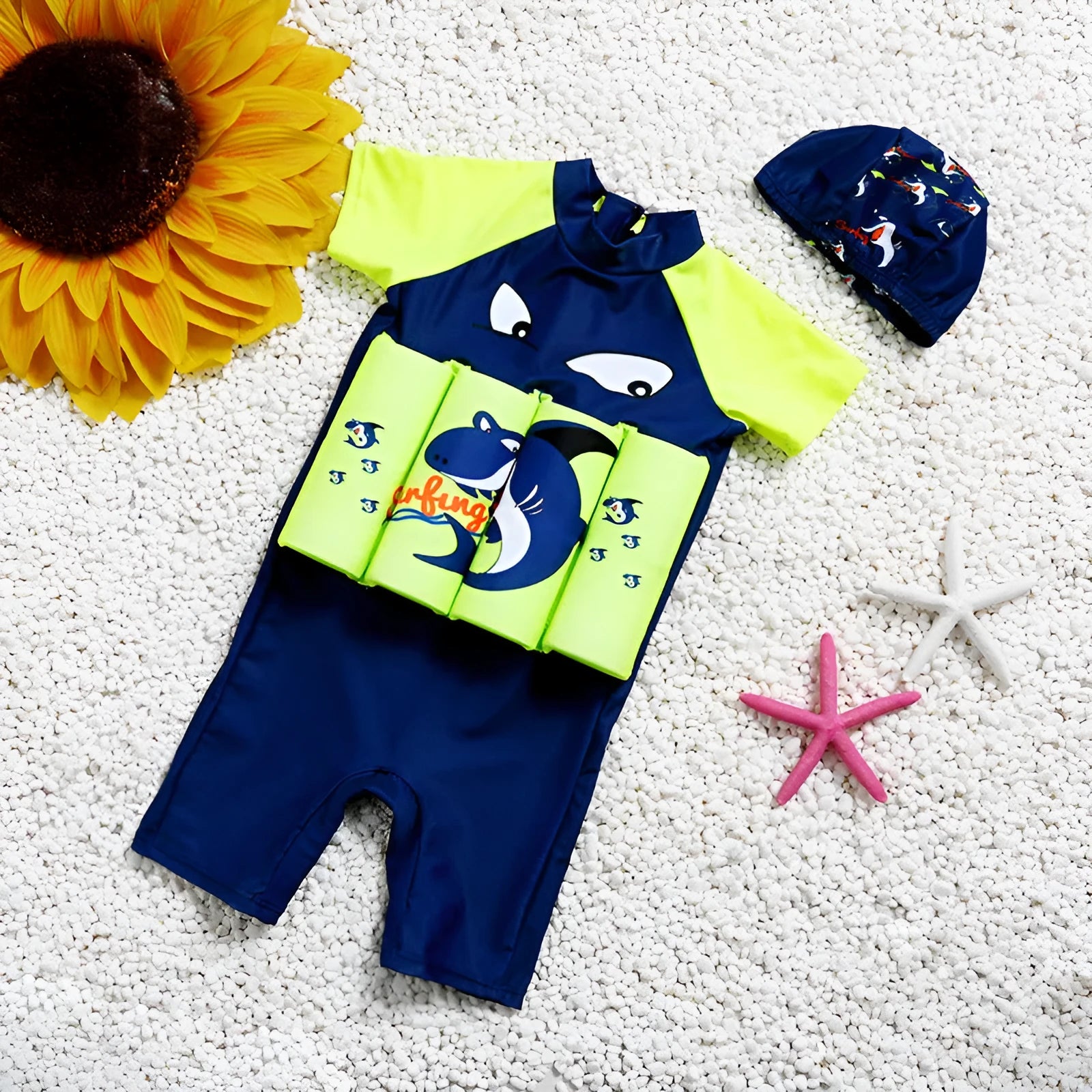 Child's blue Shark Boy cartoon print buoyancy swimsuit for pool early education