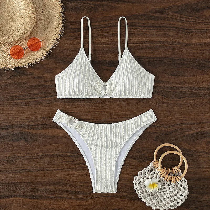 Women's white V-neck sleeveless beach split swimsuit with separate top and shorts