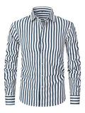 Men's slim fit striped long sleeve business shirt in ice silk polyester fabric.