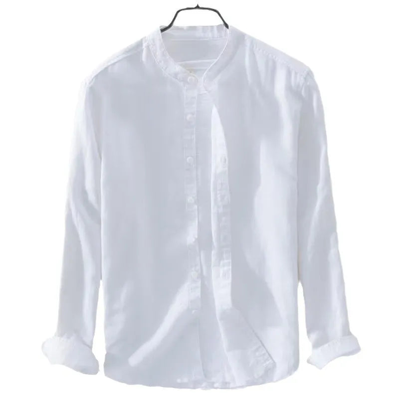 Loose fit men's casual shirt in cotton linen blend fabric showing long sleeves and solid colour options