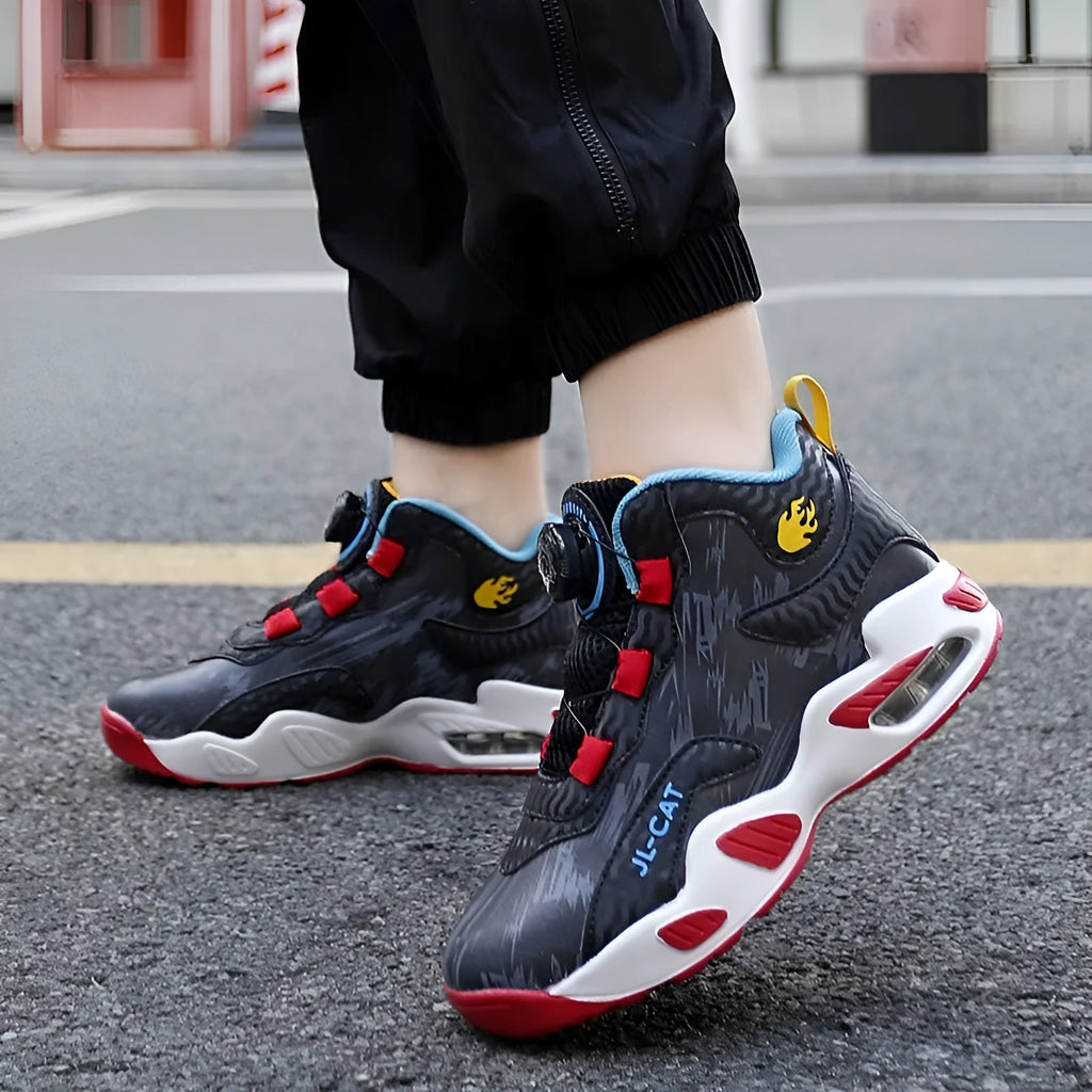 Colour options of kids' rotating button basketball shoes with synthetic leather upper