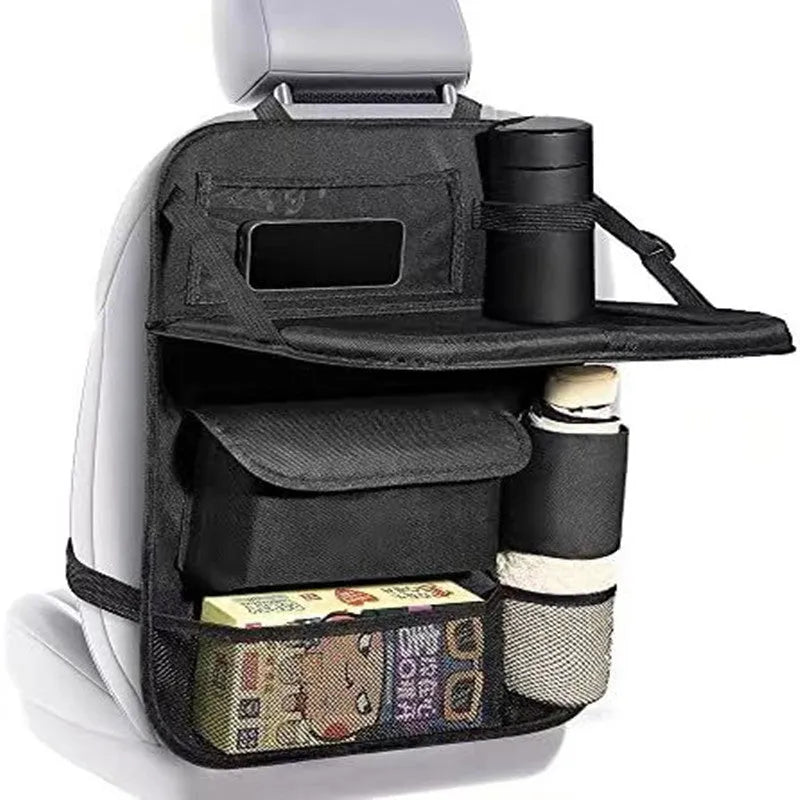Black Oxford cloth car seat back hanging organiser bag measuring 42x30cm