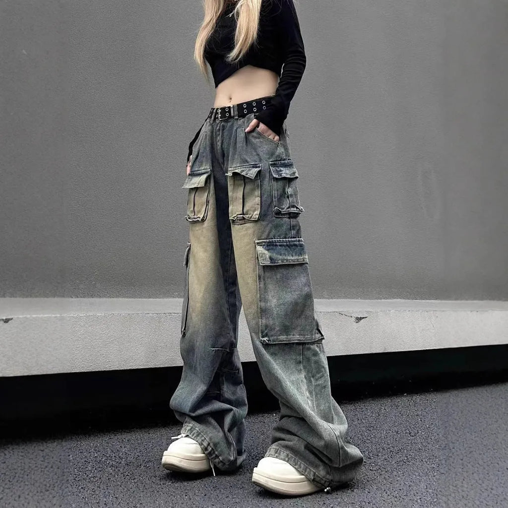 Loose distressed denim pants with multiple pockets in light blue and black colour options