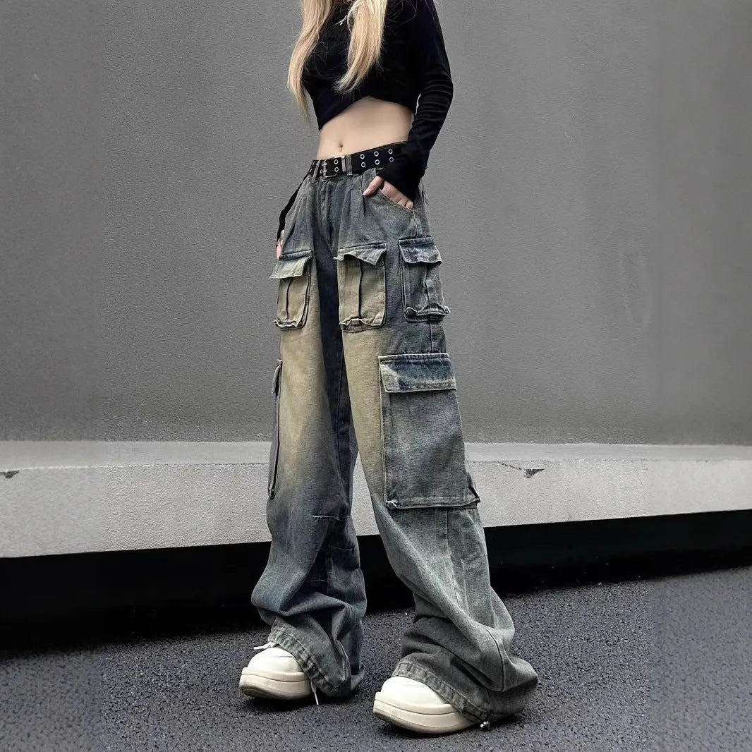 Loose distressed denim pants with multiple pockets in light blue and black colour options