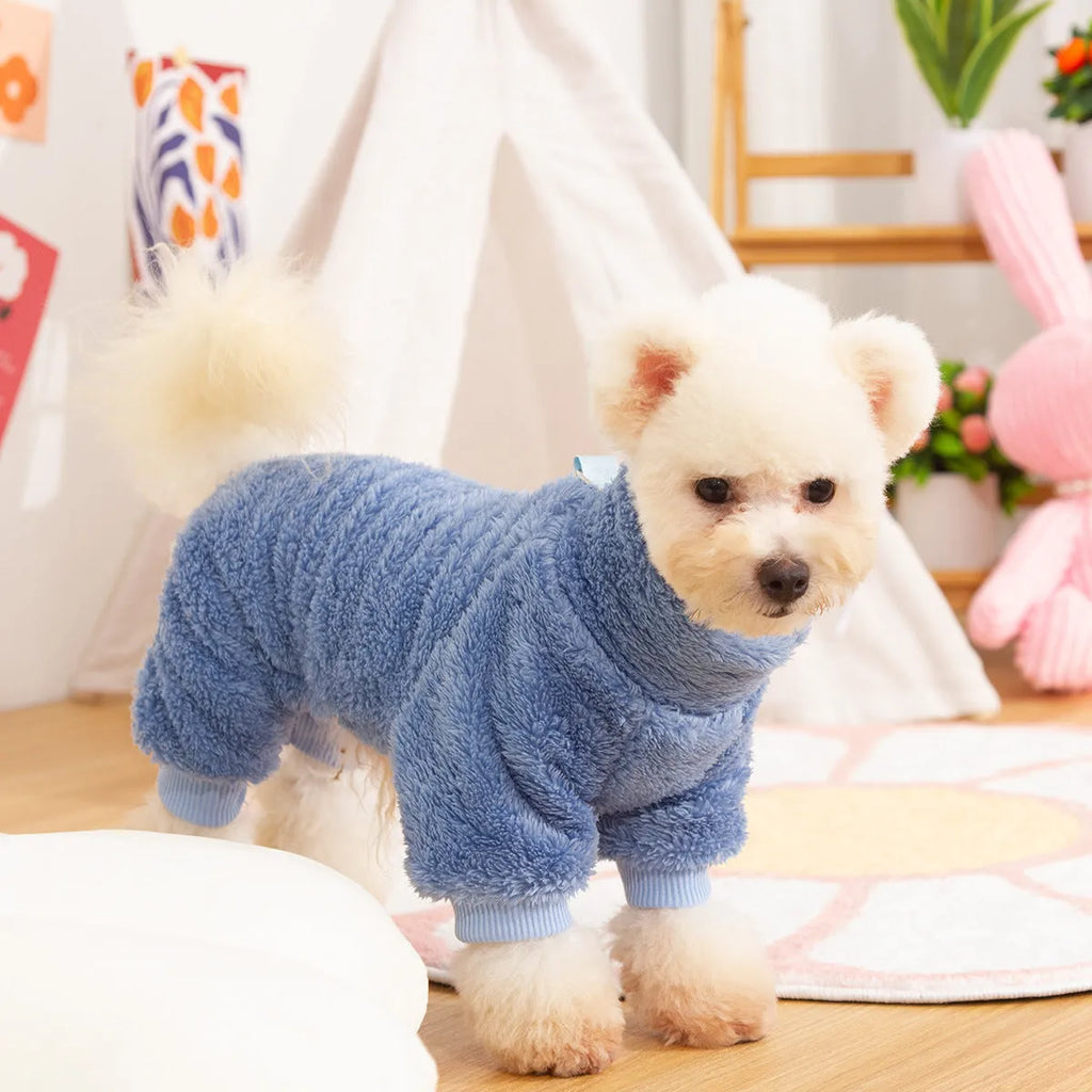 Blue double-sided plush dog clothes with high collar and towing ring for autumn winter wear
