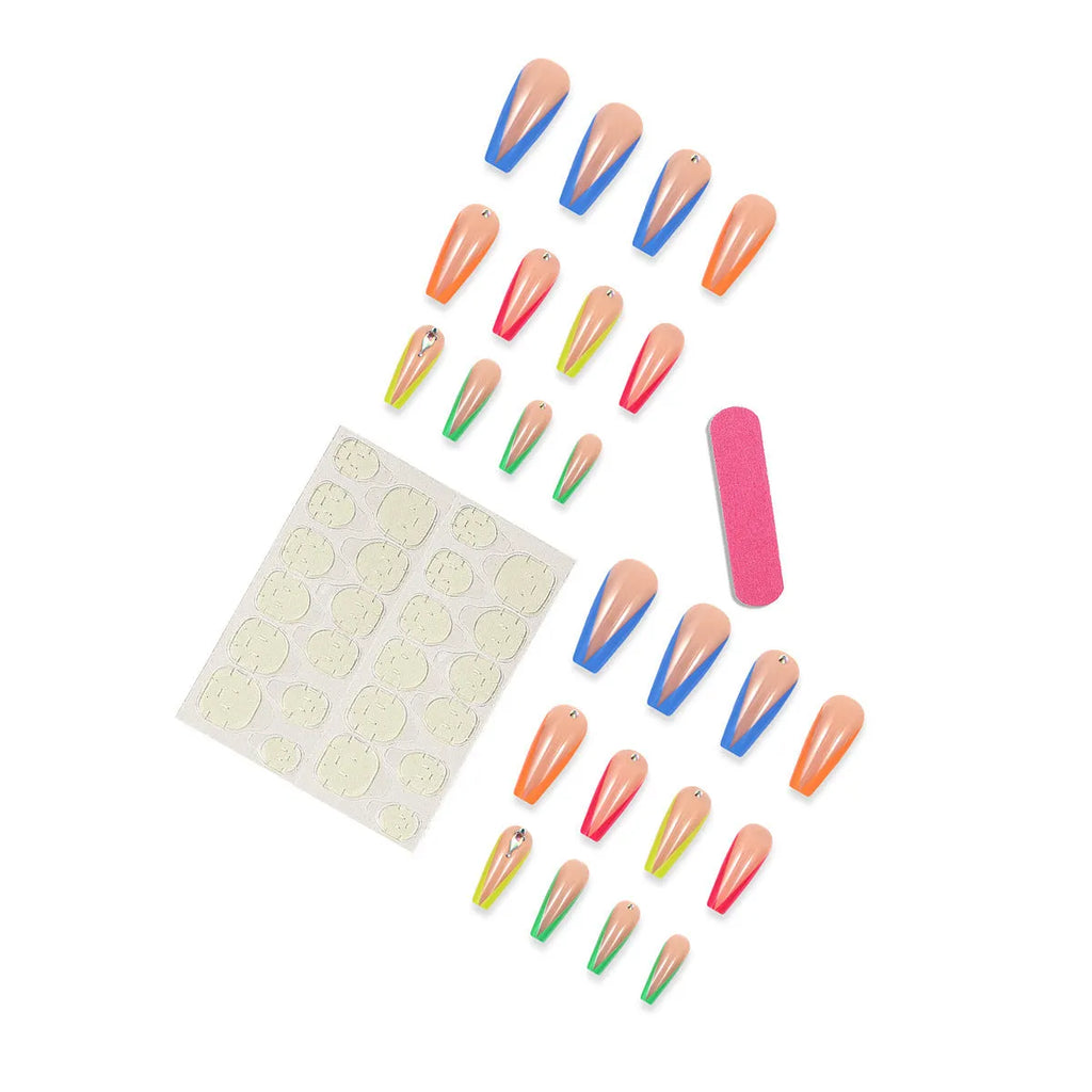 Diamond colour French style artificial nail tips with red cartoon love heart and cross designs.