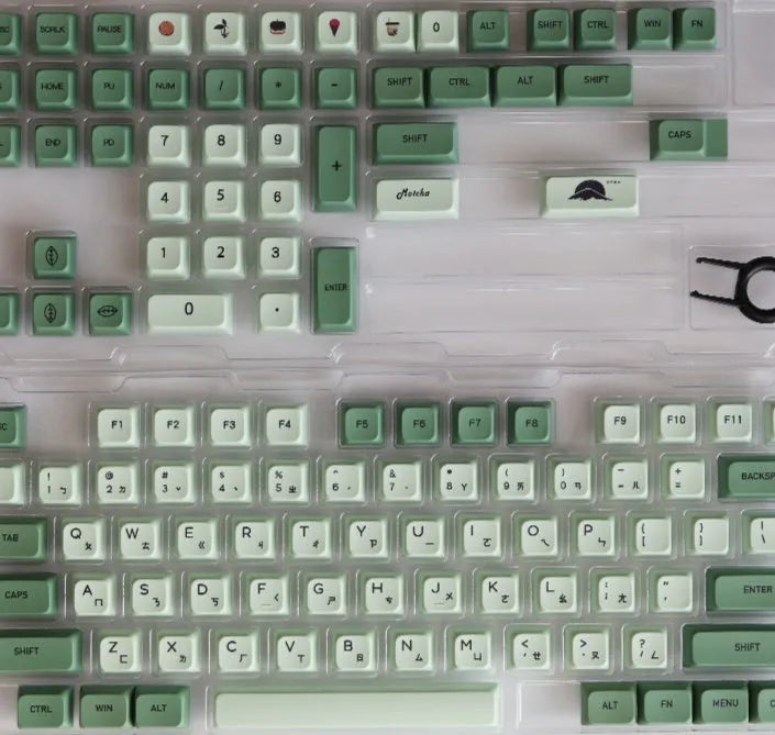 124 PBT keycaps with matcha green colour and white doubleshot legends for mechanical keyboards.