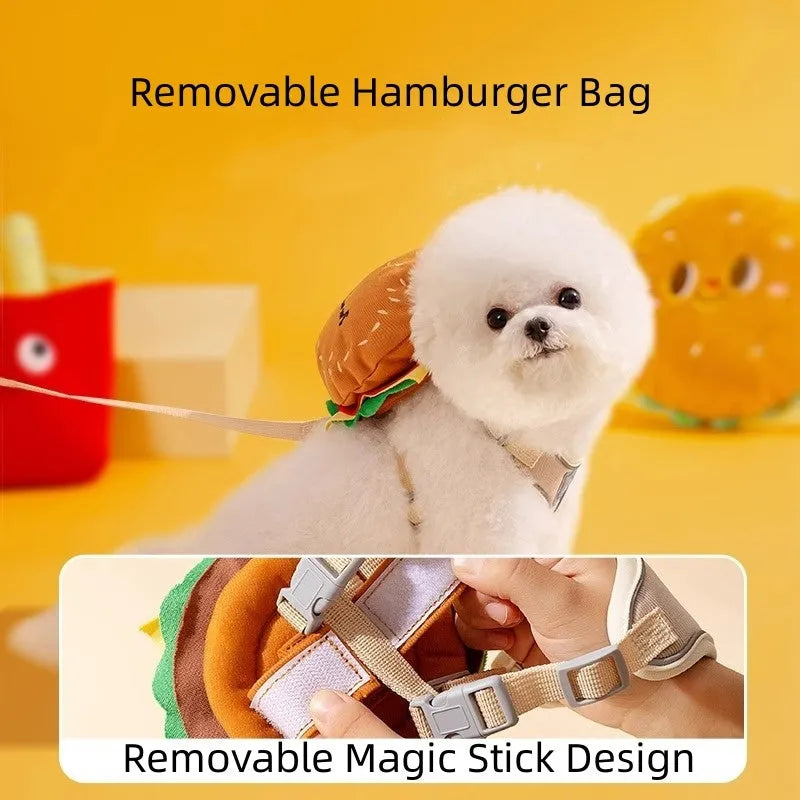 Cartoon hamburger design pet vest leash with adjustable straps and backpack feature