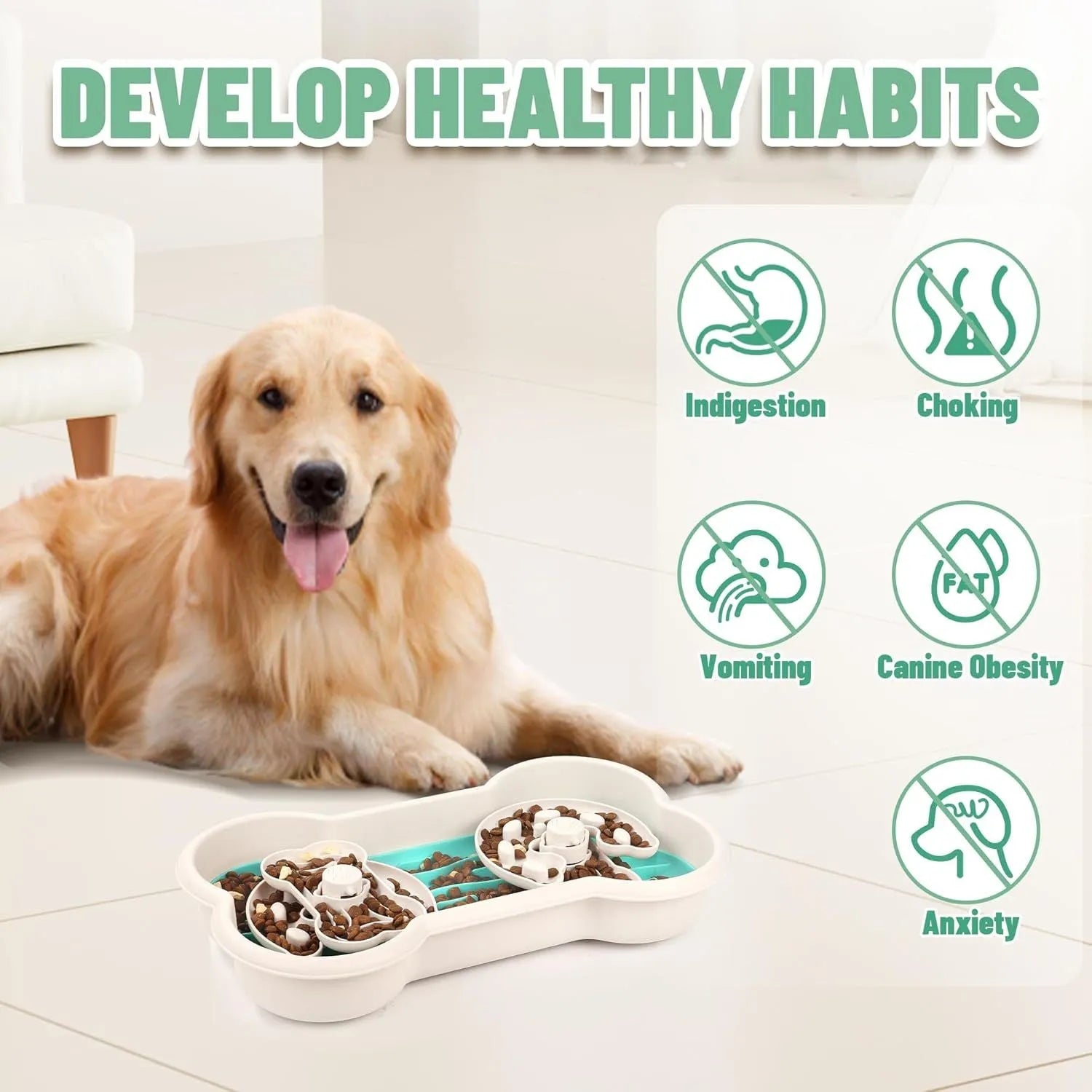 Large green slow feeder dog bowl with puzzle maze design for dry and wet food.