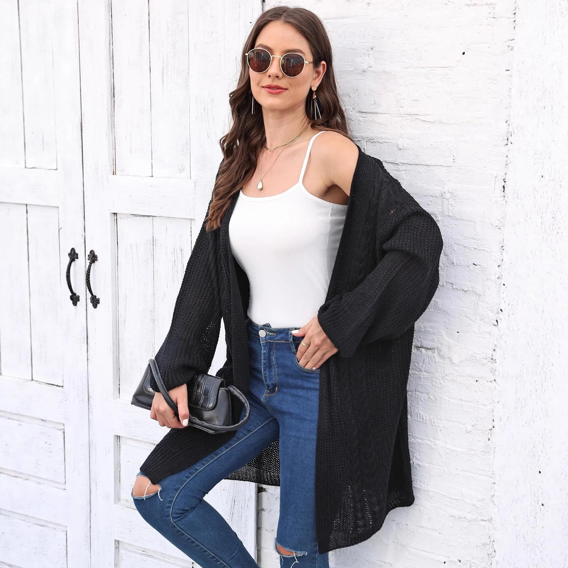 Women's loose casual acrylic sweater coat cardigan in free size showing European American style design