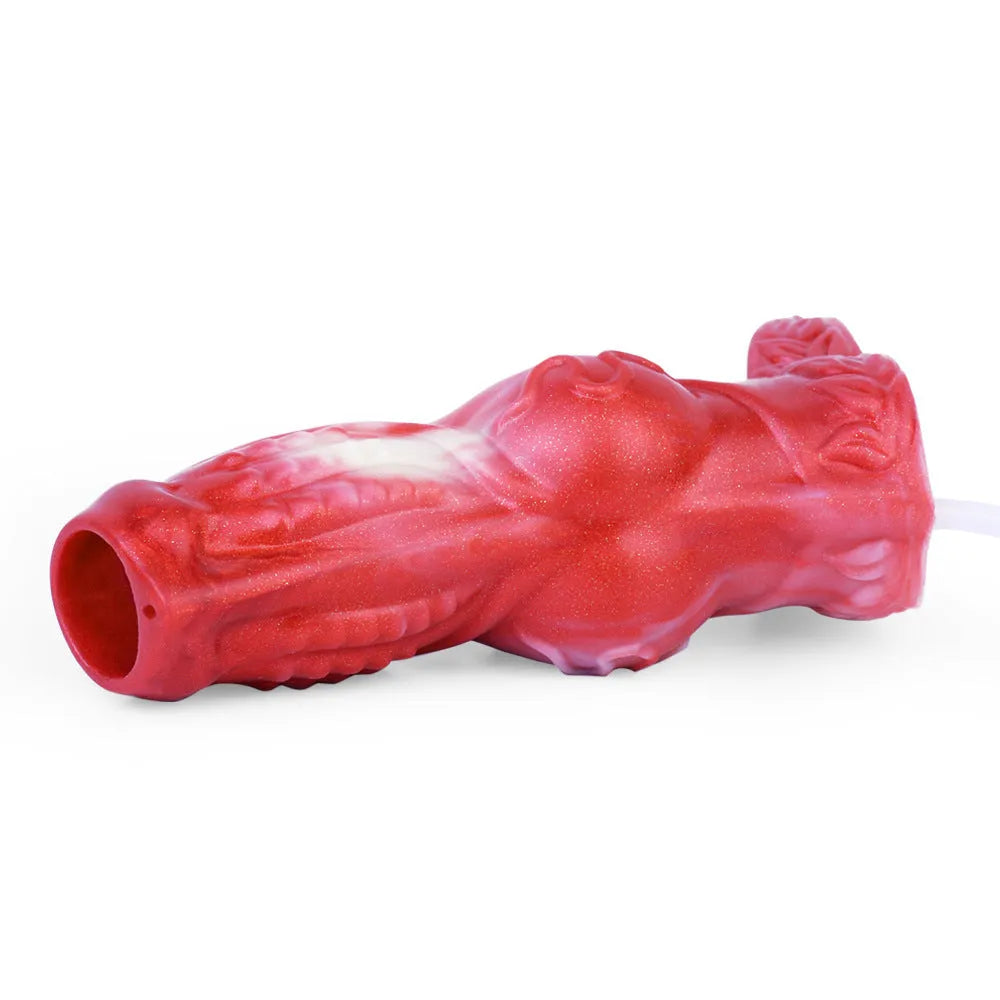 Manual water spray silicone exotic condom toy showing syringe airbag system and dual size options