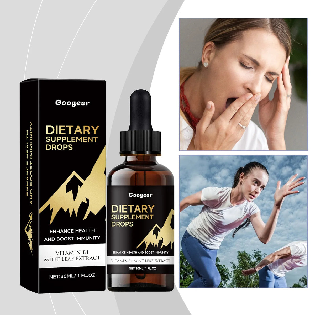 30ml glass bottle of vitamin D3 and K2 dietary supplement drops with a black dropper.