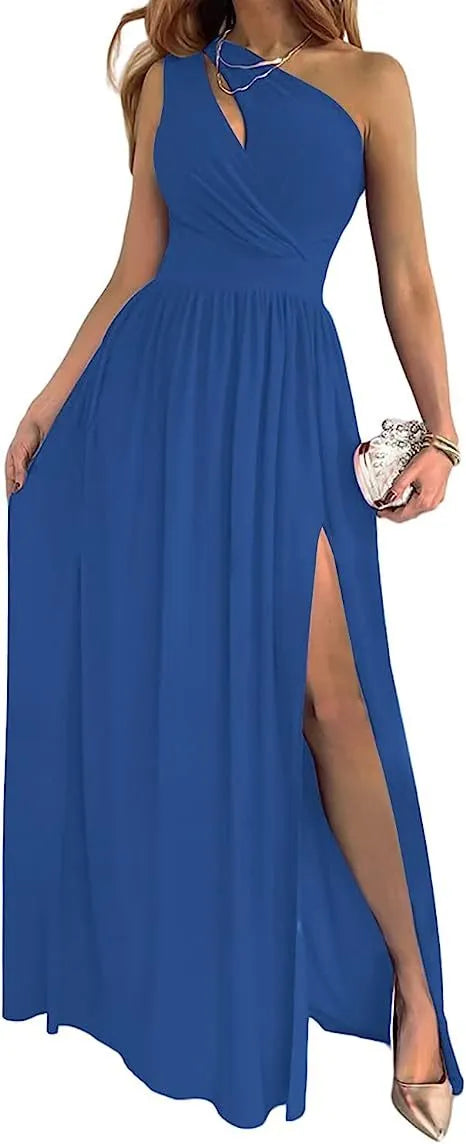 Women's apricot one shoulder high split maxi dress with cutout detail, sleeveless design