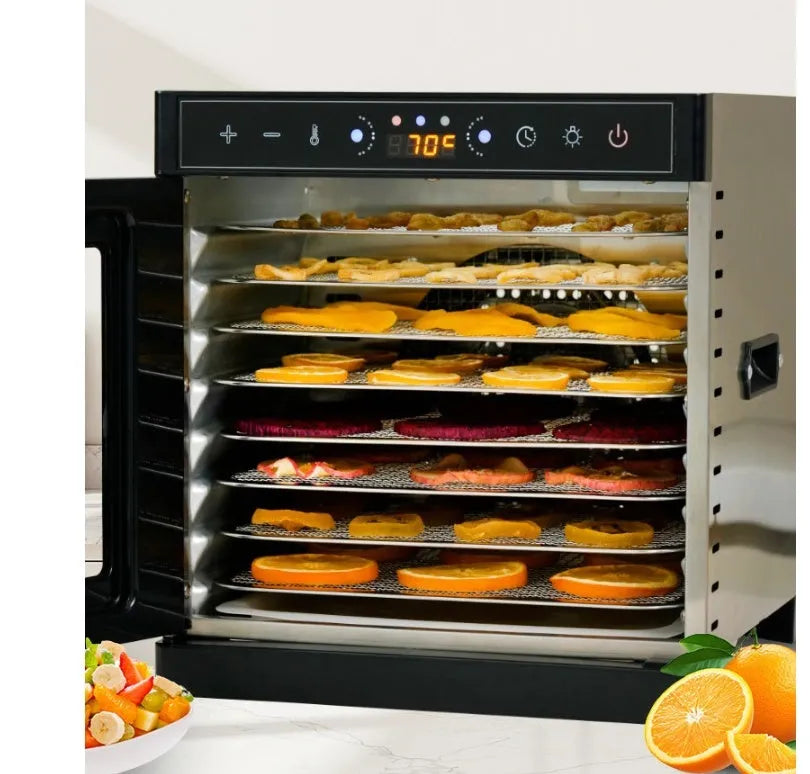 Stainless steel fruit dehydrator with multiple drying trays and LED control panel