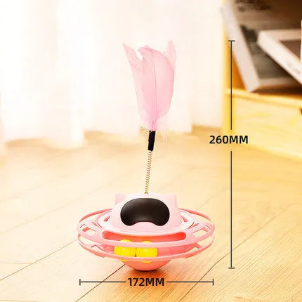 Pink self-hi tumbling cat toy with turntable, measuring 17x10 cm
