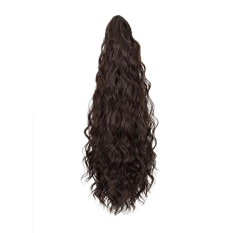 Synthetic corn curler wig with a textured water ripple grip ponytail, shown in a dark brown colour.