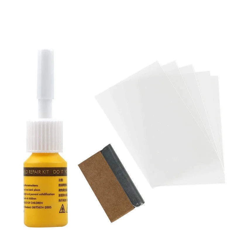Yellow car glass repair tool set with windscreen repair liquid and injection tools